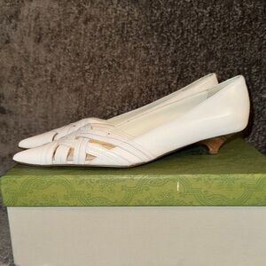 Aldo White Genuine Leather Pointed-Toe Woven Kitten Heels